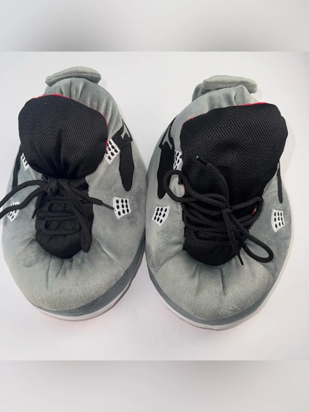 Gray and Black Plush Sneaker Slippers with Red Accent